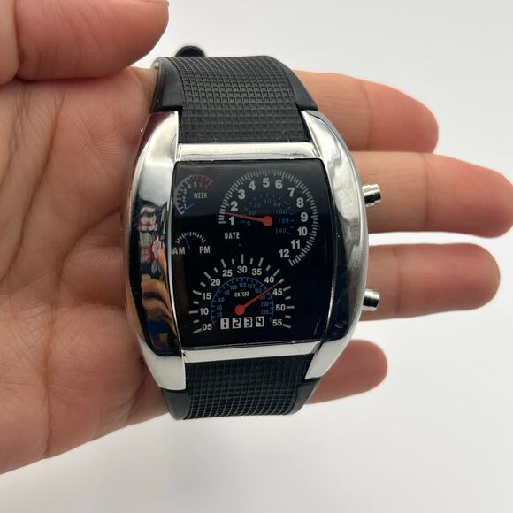 Men's Blue Binary LED Dot Matrix Date Black Rubber 43mm Fashion Sport Watch - Picture 4 of 8